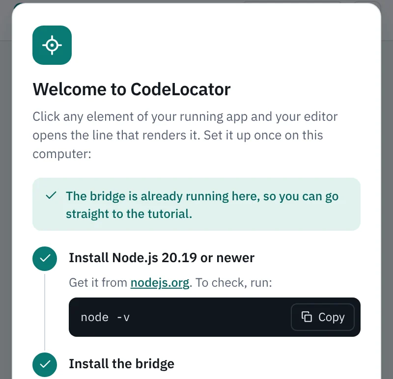 CodeLocator's first-run guide: install Node.js 20.19 or newer, then install the bridge.