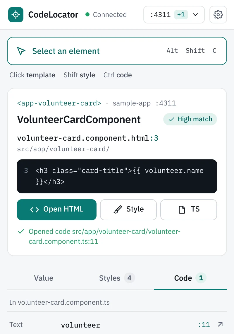 The Code tab for the name: in volunteer-card.component.ts, the text binding volunteer at line 11.