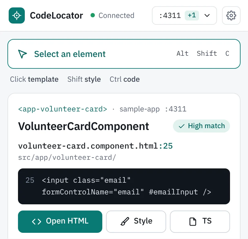 CodeLocator side panel after picking the email field: volunteer-card.component.html line 25.
