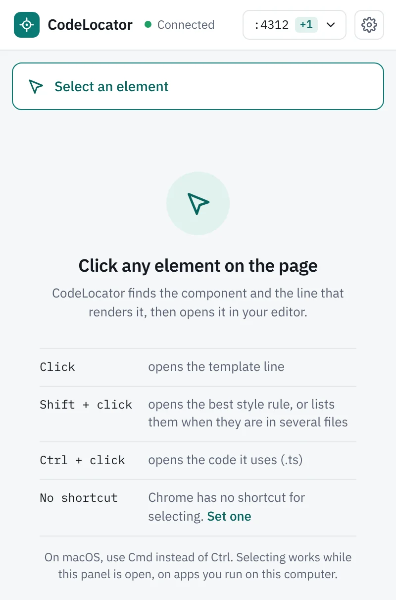 CodeLocator side panel before a pick: Click any element on the page. Click opens the template line, Shift+click the best style rule, Ctrl+click the code it uses.