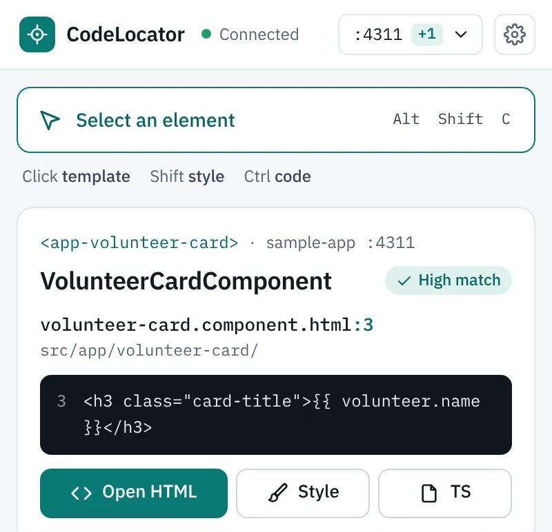 CodeLocator side panel after picking the name: volunteer-card.component.html line 3, the card title.