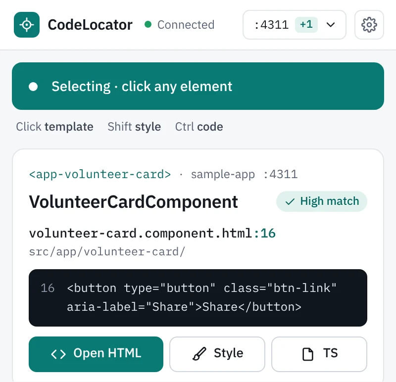 CodeLocator side panel after picking Share: VolunteerCardComponent, high match, volunteer-card.component.html line 16, with Open HTML, Style and TS buttons.