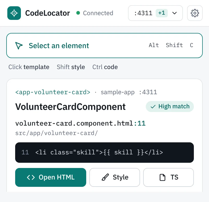 CodeLocator side panel after picking a skill: volunteer-card.component.html line 11, the list item inside the @for loop.