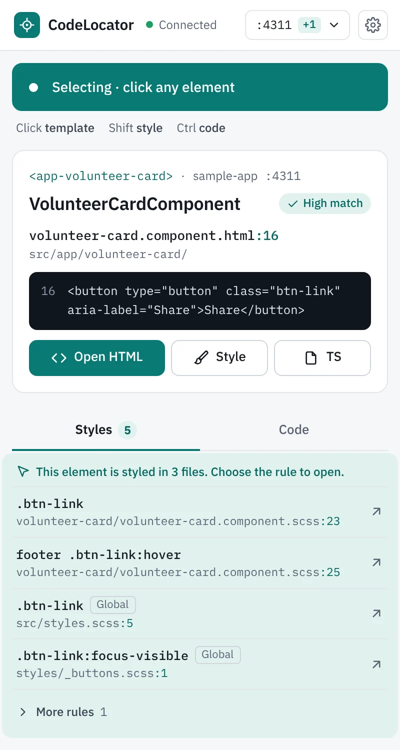 The Styles tab for the Share button: this element is styled in 3 files. Rules .btn-link at volunteer-card.component.scss line 23, footer .btn-link:hover at line 25, a global .btn-link in styles.scss and .btn-link:focus-visible in _buttons.scss.