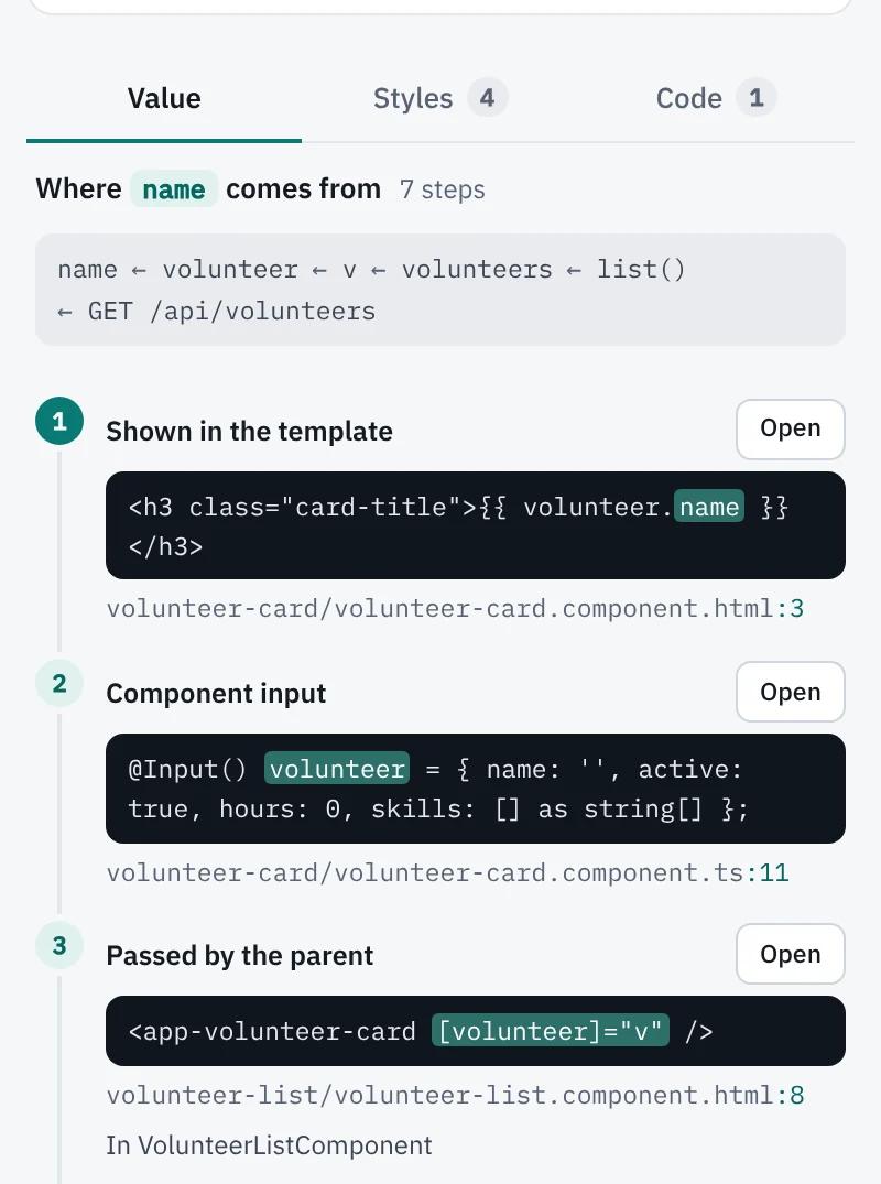 The Value tab: Where name comes from, 7 steps. Shown in the template at line 3, the component input at line 11, passed by the parent volunteer list template at line 8.